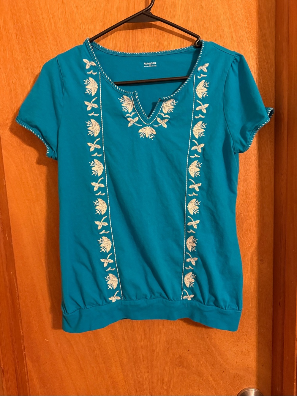 St. John's Bay Teal Short-Sleeve Embroidered Top